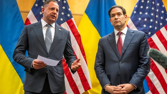Head of the Office of the President of Ukraine.Andriy Yermak, second right, and U.S. Secretary of State Marco Rubio talk to the press as their consultations continue at the U.S. Mission to Internation ...