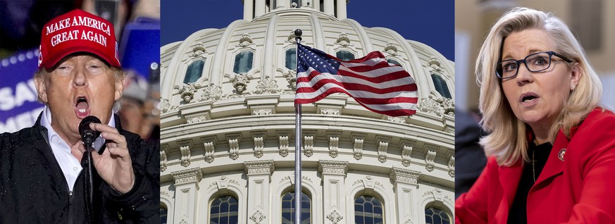 Former President Donald Trump, speaks at a campaign rally in Greensburg, Pa., on May 6, 2022, left, an American flag waves below the U.S. Capitol dome on Capitol Hill in Washington on June 9, 2022, ce ...