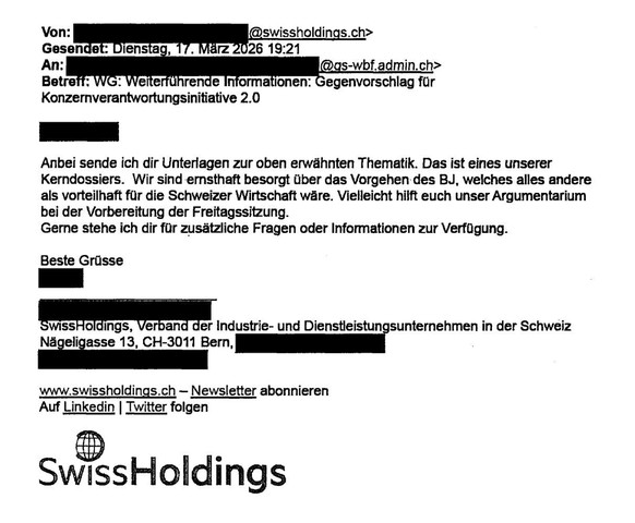Le courriel de Swissholdings adressé au secrétariat du ministre de l'économie, Guy Parmelin.