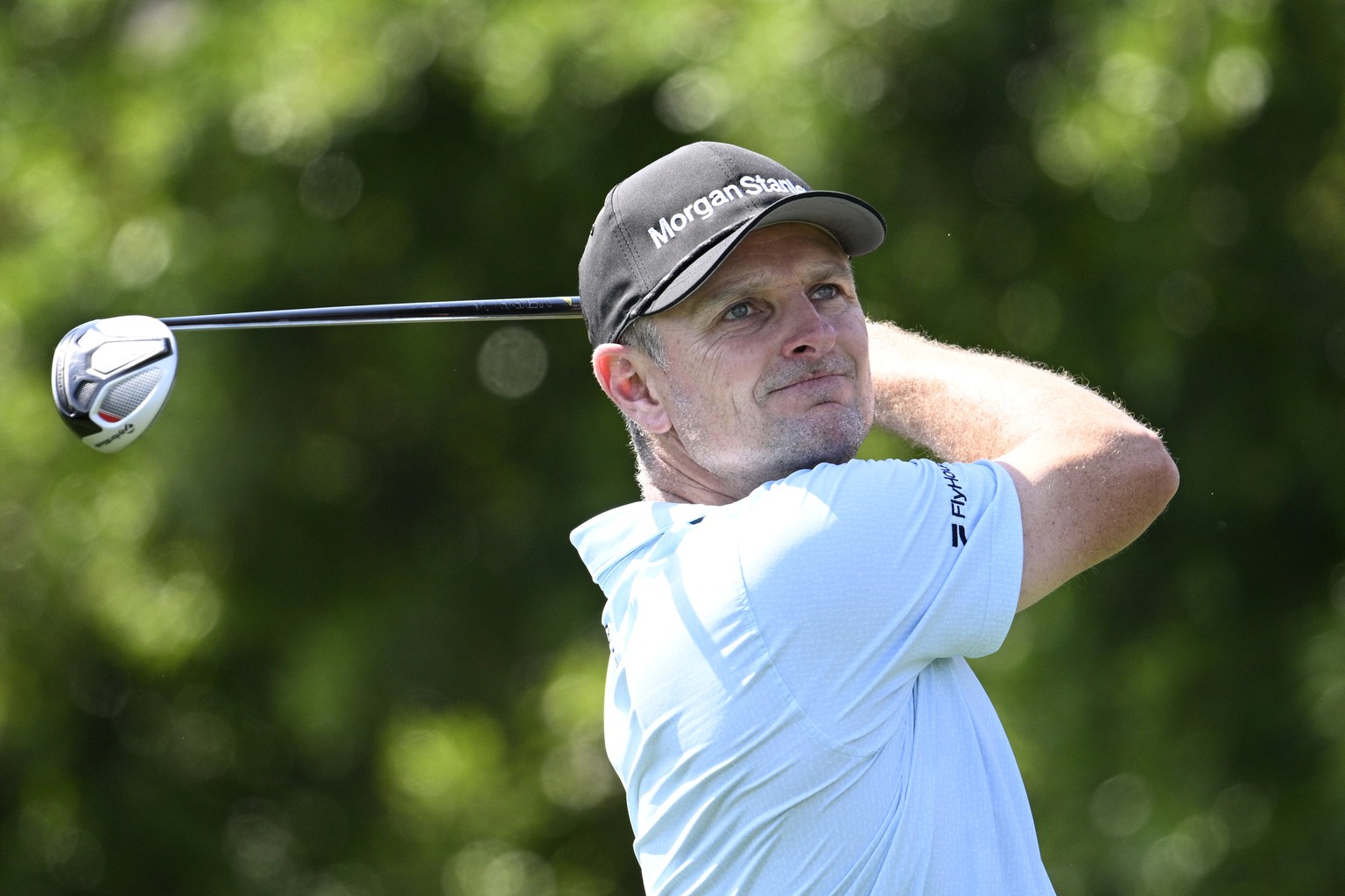 Justin Rose, of England, tees off on the first hole during the final round of the Arnold Palmer Invitational at Bay Hill golf tournament, Sunday, March 9, 2025, in Orlando, Fla. (AP Photo/Phelan M. Eb ...