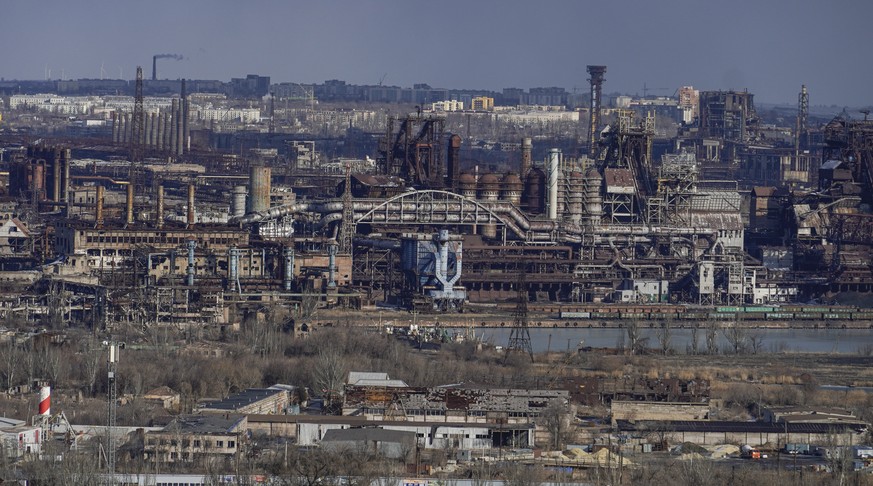 epa11912662 A view of the Azovstal steel factory from the Russian Orthodox Church of the Holy Prince Alexander Nevsky in Mariupol, Donetsk region, 16 February 2025 (issued 21 February 2025). The Azovs ...