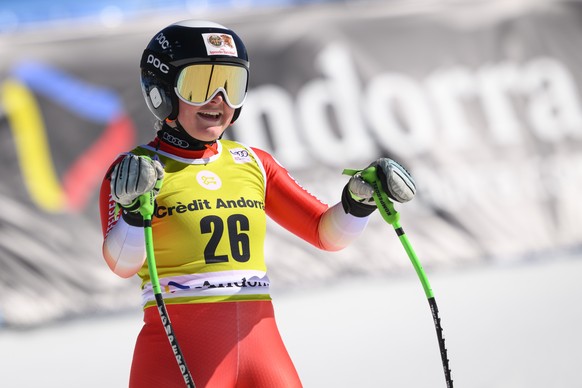 Stefanie Grob of Switzerland reacts in the finish area during the women&#039;s downhill race at the FIS Alpine Skiing World Cup finals in El Tarter, Andorra, Wednesday, March 15, 2023. (KEYSTONE/Jean- ...