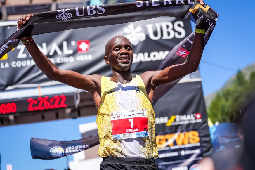 Philemon Ombogo Kiriago of Kenya, 1st, crosses the finish line of the mens's category during the 53th Sierre-Zinal long distance mountain race in Zinal, Saturday, August 8, 2026. (KEYSTONE/Maxime ...