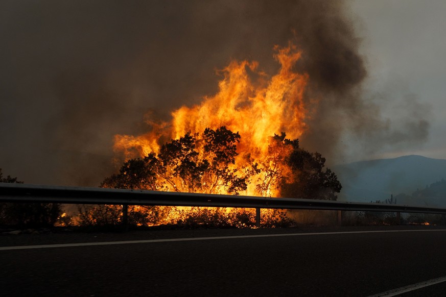 epa10078397 View of a forest fire at O Courel mountains in Lugo, Galicia, Spain, 18 July 2022. Forest fires in Galicia have burnt over 13.500 hectares of the region. EPA/ELISEO TRIGO