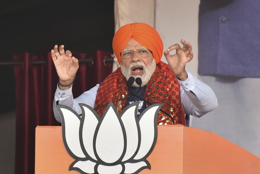 Indian Prime Minister Narendra Modi speaks during an election rally in Jalander, in the Indian state of Punjab, Monday, Feb. 14, 2022. India&#039;s Punjab state will cast ballots on Sunday, in polls t ...