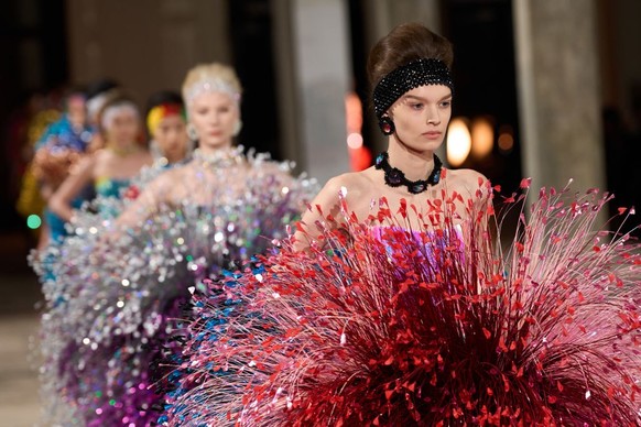 PARIS, FRANCE - JANUARY 30: (EDITORIAL USE ONLY - For Non-Editorial use please seek approval from Fashion House) A model walks the runway during the Germanier Haute Couture Spring-Summer 2025 show as  ...
