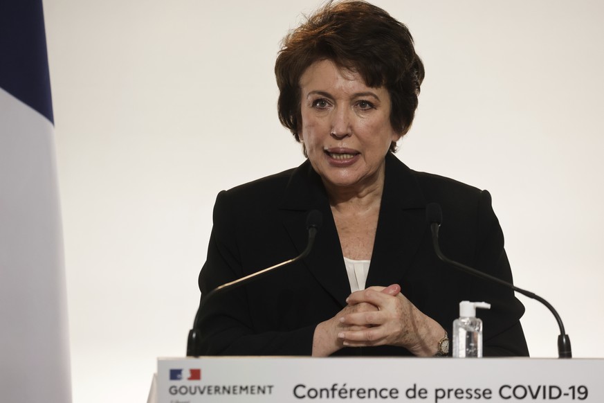 FILE - In this Nov.26, 2020 file photo, French Culture Minister Roselyne Bachelot speaks during a press conference on easing of Covid-19 restrictions, in Paris. France&#039;s high-profile culture mini ...
