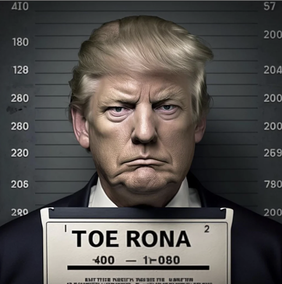 Un faux «mugshot» de Donald Trump: les lettres sur le panneau n'ont aucun sens. Remarquez aussi que la reproduction erronée de certains chiffres.