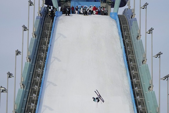 Sarah Hoefflin of Switzerland trains ahead of a women&#039;s freestyle skiing Big Air qualification round of the 2022 Winter Olympics, Monday, Feb. 7, 2022, in Beijing. (AP Photo/Jae C. Hong)