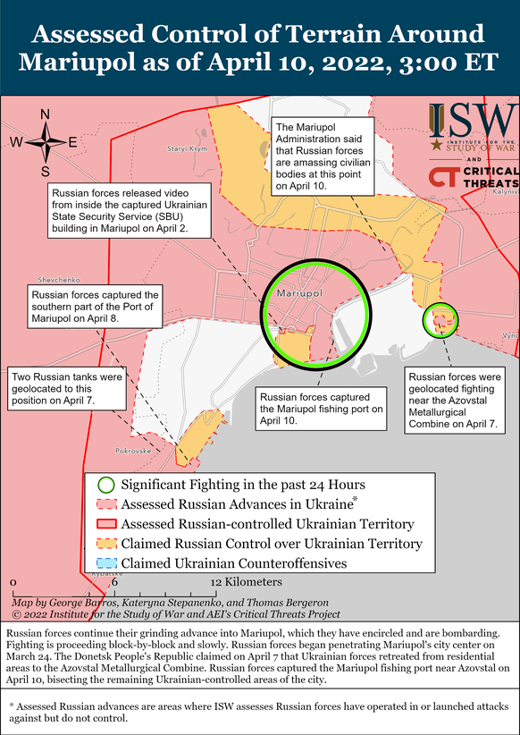 Les derniers défenseurs ukrainiens sont isolés dans deux endroits, encerclés en vert sur la carte.