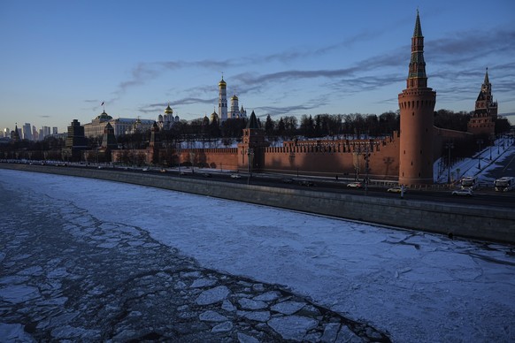 The frozen Moscow River and the Kremlin are seen during cold sunset in Moscow, Russia, on Thursday, Jan. 4, 2024. Russian capital is basking in unusually cold winter weather as temperatures reached ar ...