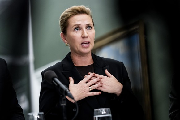 epa12384581 Danish Prime Minister Mette Frederiksen holds a press briefing on defense measures in response to the security situation at the Prime Minister&#039;s Office in Copenhagen, Denmark, 17 Sept ...