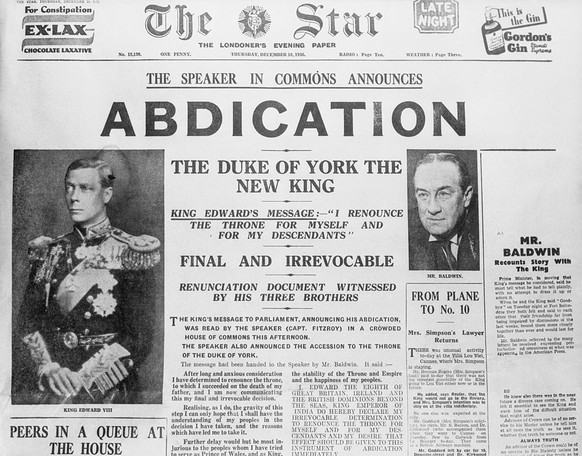 (Original Caption) London: Front page of the London Star, with stories of King Edward&#039;s abdication and York&#039;s accession to the throne.