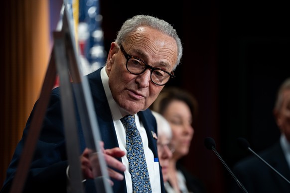 epa12418679 Senator Chuck Schumer, a Democrat from New York, speaks at a press conference following a failed vote at the US Capitol, in Washington, DC, USA, 30 September 2025. Democrat and Republican  ...
