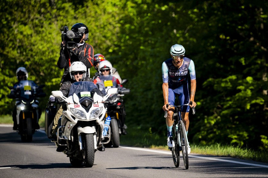 Damiano Caruso from Italy of team Bahrain Victorious climbs the Mollendruz pass during the third stage, a 176,6 km race around Orbe at the 79th Tour de Romandie UCI World Tour Cycling race, in Mollend ...