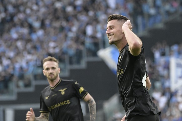 Lazio&#039;s Sergej Milinkovic-Savic celebrates scoring during the Serie A soccer match between Lazio and Cremonese at the Rome Olympic stadium Sunday, May 28, 2023. (Fabrizio Corradetti/LaPresse via  ...