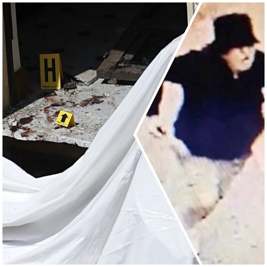 L'entrée de l'immeuble où a explosé le sac piégé, blessant grièvement l'oligarque ukrainien Vadim Ermolaev, son épouse et leur fils de 13 ans. À droite, l'auteur présumé de l' ...