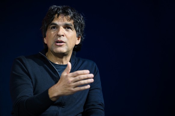 Patrick Chappatte, Cartoonist and President of Freedom Cartoonists Foundation, speaks during the 51st annual meeting of the World Economic Forum, WEF, in Davos, Switzerland, on Thursday, May 26, 2022. ...