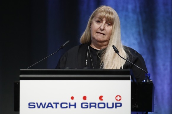 Nayla Hayek, chairwoman of the board of directors addresses the ordinary general meeting of shareholders of Swatch Group at the Tissot Velodrome, in Grenchen, Switzerland, Thursday, May 23, 2019. (KEY ...