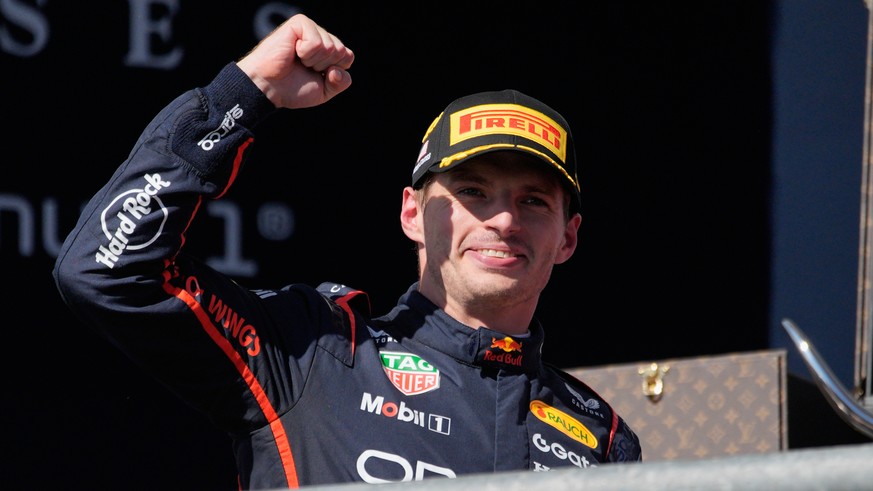 Red Bull driver Max Verstappen of the Netherlands celebrates on the podium after winning the Formula One U.S. Grand Prix auto race in Austin, Texas, Sunday, Oct. 19, 2025. (AP Photo/John Locher)
F1 US ...