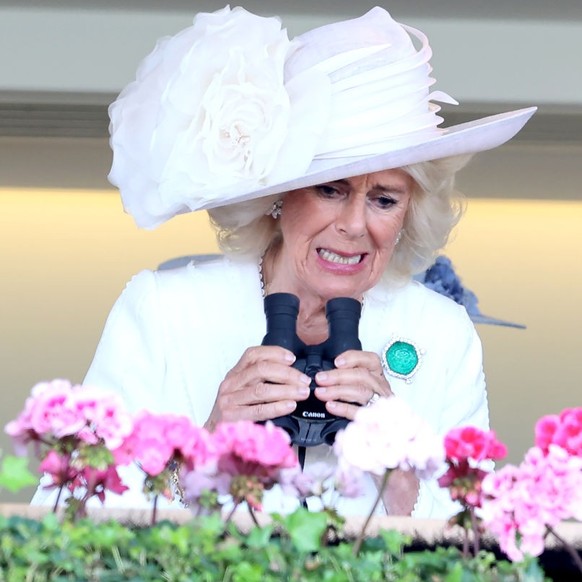 ASCOT, ENGLAND - JUNE 20: Queen Camilla reacts whilst watching her horse race during day three of Royal Ascot 2024 at Ascot Racecourse on June 20, 2024 in Ascot, England. (Photo by Chris Jackson/Getty ...