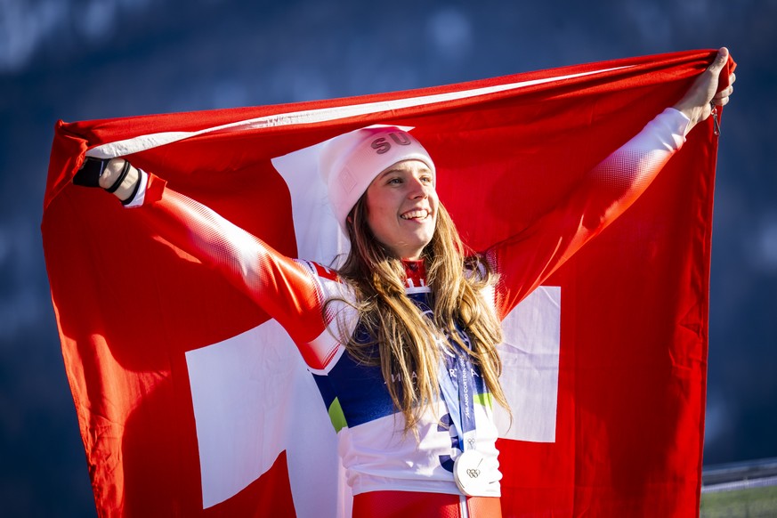 Silver medalist Camille Rast of Switzerland celebrates during the medals ceremony of the women's alpine skiing slalom race at the 2026 Olympic Winter Games in Cortina d'Ampezzo, Italy, on We ...