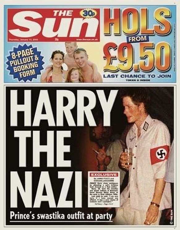 An electronic copy of the front page of The Sun newspaper on January 13, 2005 shows a photograph of Britain's Prince Harry wearing a red and black swastika armband and an army shirt with Nazi reg ...