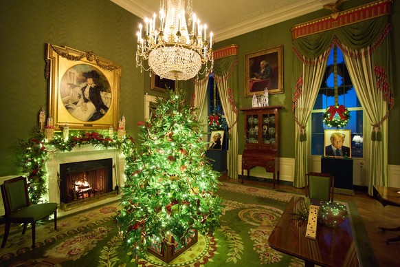 Lego portraits of President George Washington and President Donald Trump decorate the Green Room of the White House during a press preview of the Christmas decorations &quot;Home is Where the Heart Is ...