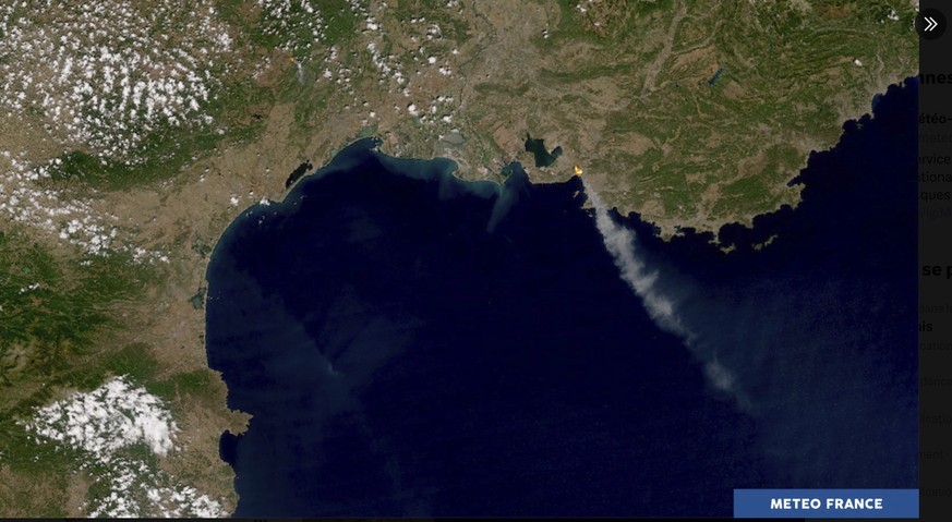 This satellite photo, provided by Meteo-France, shows smoke billowing due to wildfires near Marseille, southern France, Tuesday, July 8, 2025. (Meteo-France /NOAA via AP)
France Marseille Fire