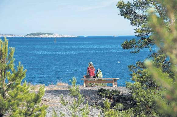Randonnée sur le mont Utö avec une pause sur l'un des bancs qui ont été transportés jusqu'au sentier.