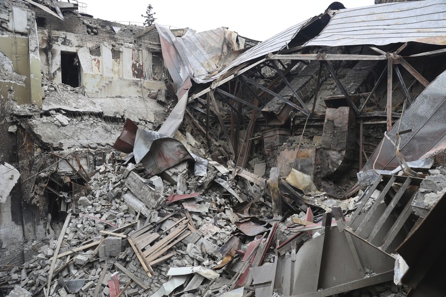 A view of the Mariupol theater damaged during fighting in Mariupol, in territory under the government of the Donetsk People&#039;s Republic, eastern Ukraine, Monday, April 4, 2022. (AP Photo/Alexei Al ...