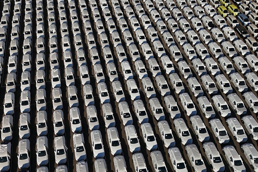 A drone view shows electric and hybrid vehicles manufactured by Chinese automaker BYD at the port of Zarate, Argentina, on January 20, 2026. (Photo by Matias Baglietto/NurPhoto via Getty Images)