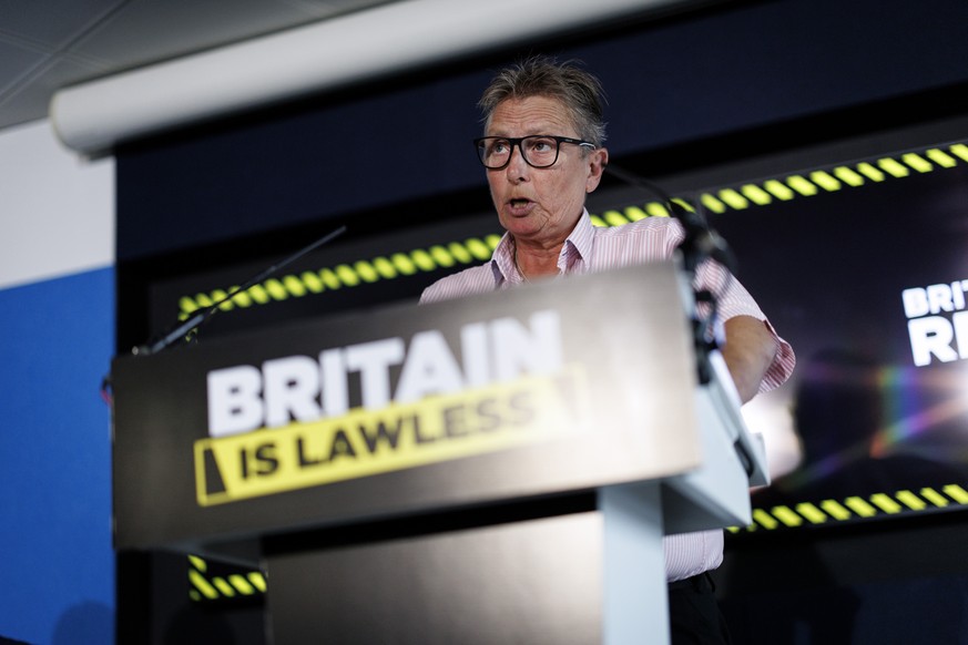 epa12282853 Formerly Head of Security and Operations of HMP Wormwood Scrubs, Vanessa Frake speaks during a press conference at Millbank Tower in London, Britain, 04 August 2025. The party leader expre ...