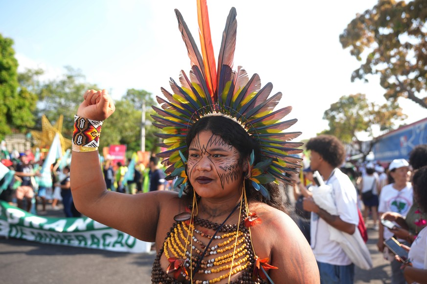 An Indigenous activist gestures during a climate protest during the COP30 U.N. Climate Summit, Saturday, Nov. 15, 2025, in Belem, Brazil. (AP Photo/Andre Penner)
Climate COP30