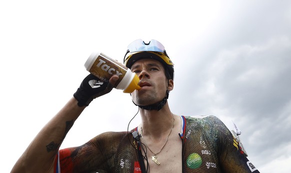 epa10068943 Slovenian rider Primoz Roglic of Jumbo Visma after the 11th stage of the Tour de France 2022 over 151.7km from Albertville to the Col du Granon Serre Chevalier in the commune of Saint-Chaf ...