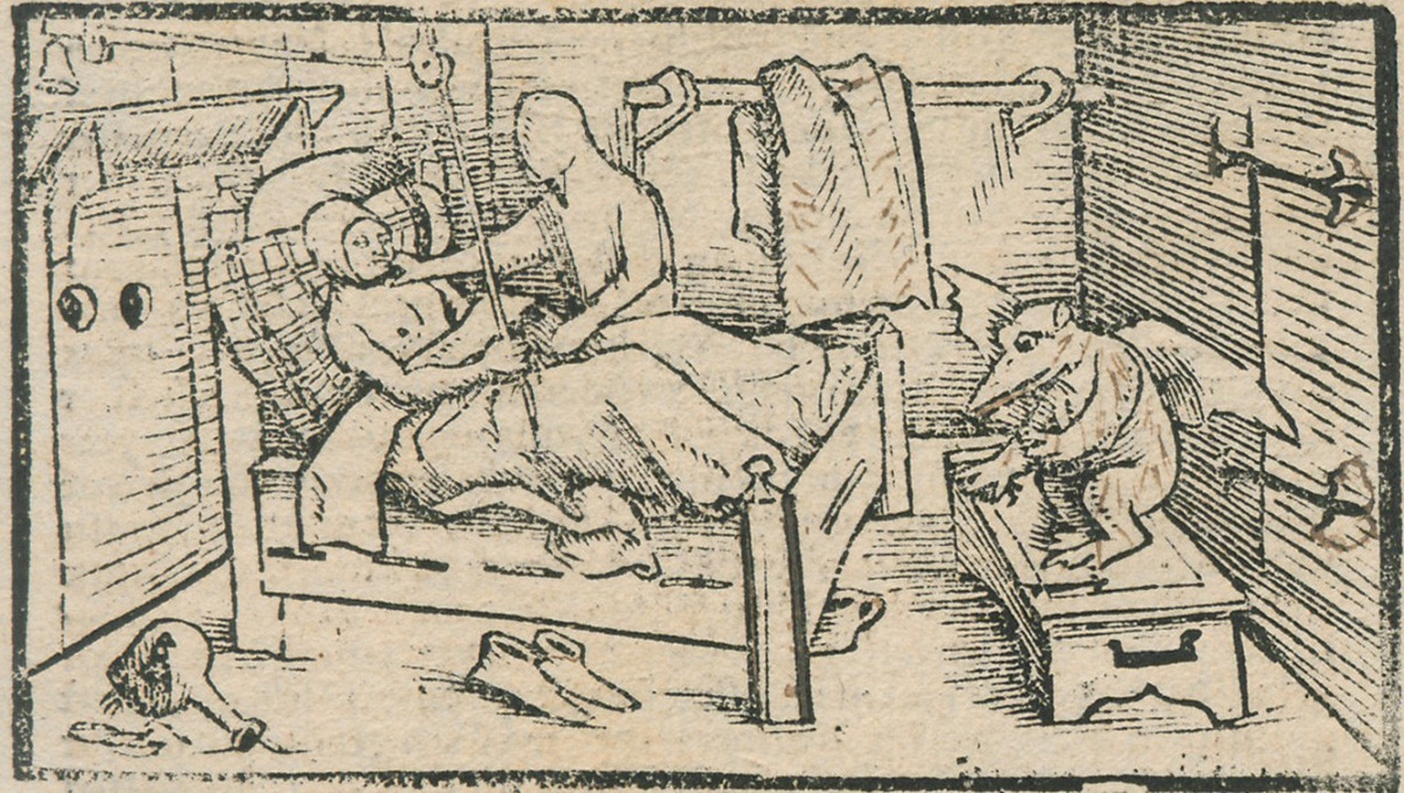 L’esprit dans la cellule de Hans Jetzer. Alors que sévit un démon sur la droite, l’esprit touche le cou du jeune frère, qui actionne une clochette pour obtenir de l’aide. Gravure sur bois d’Urs Graf,  ...