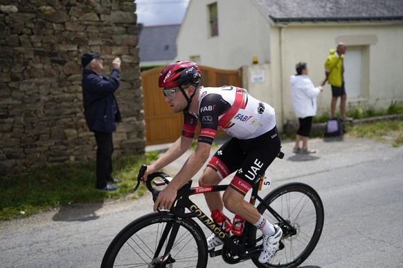 Switzerland&#039;s Marc Hirschi rides during the third stage of the Tour de France cycling race over 182.9 kilometers (113.65 miles) with start in Lorient and finish in Pontivy, France, Monday, June 2 ...