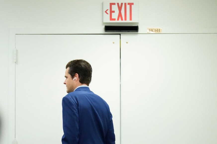 WASHINGTON, DC - OCTOBER 3: Rep. Matt Gaetz (R-FL) arrives for a House Republican caucus meeting at the U.S. Capitol October 3, 2023 in Washington, DC. U.S. Speaker of the House Kevin McCarthy&#039;s  ...