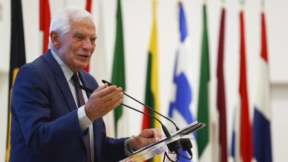 epa10207014 High Representative of the Union for Foreign Affairs and Security Policy, Josep Borell, intervenes during the opening of the European Union Satellite Centre (SatCen) new headquarters on it ...