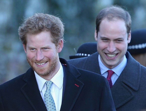 KING&#039;S LYNN, ENGLAND - DECEMBER 25: Prince William, Duke of Cambridge and Prince Harry leave the Christmas Day service at Sandringham on December 25, 2013 in King&#039;s Lynn, England. (Photo by  ...