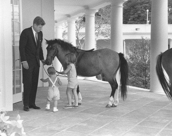 Outside the White House&#039;s Oval Office, American President John F. Kennedy (1917 - 1963) and his children, John (1960 - 1999) and Caroline, play with pony Macaroni, Washington DC, June 22, 1962. ( ...