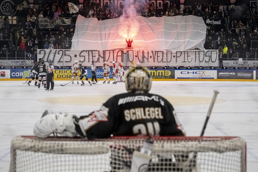 Lugano&#039;?s fans with a banner, during the regular season of National League Swiss Championship 2024/25 match between HC Lugano and EHC Biel-Bienne at the ice stadium Corner Arena, Switzerland, Sat ...
