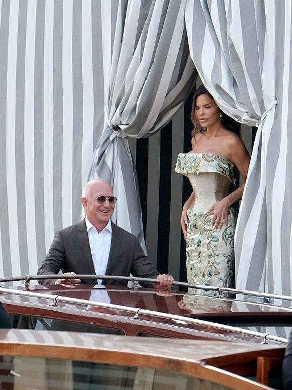 VENICE, ITALY - JUNE 26: Jeff Bezos and Lauren Sanchez are seen leaving the Aman Hotel in Venice ahead of Jeff Bezos and Lauren Sanchez Wedding on June 26, 2025 in Venice, Italy. (Photo by Stefano Maz ...
