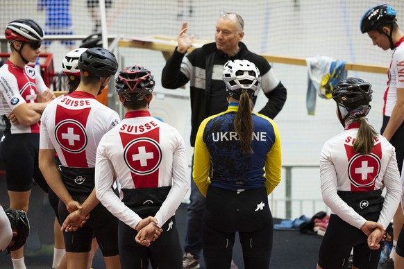 Ukrainian junior track cyclists train on the track at the Velodrome in Grenchen, Switzerland, Thursday, March 3, 2022. The Department of Defense, Civil Protection and Sport DDPS is offering help and s ...