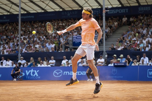 Stefanos Tsitsipas of Greece in action during a quarter final match against Fabio Fognini of Italy at the Swiss Open tennis tournament in Gstaad, Switzerland, on Friday, July 19, 2024. (KEYSTONE/Peter ...