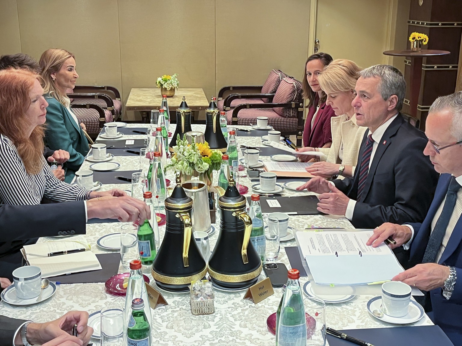 Switzerland&#039;s Foreign Minister Federal Councillor Ignazio Cassis, right, speaks with representatives of humanitarian and development organizations supported by Switzerland, in Jerusalem, Israel,  ...