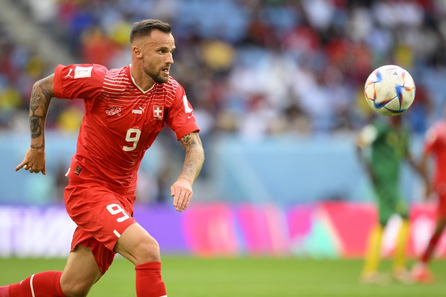 Switzerland's forward Haris Seferovic during the FIFA World Cup Qatar 2022 group G soccer match between Switzerland and Cameroon at the Al-Janoub Stadium in Al-Wakrah, south of Doha, Qatar, Thurs ...