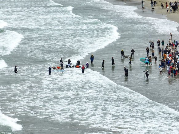 PACIFICA, CALIFORNIA - AUGUST 2: World Dog Surfing Championships is held at the Pacifica State Beach in Pacifica, California, United States on August 2, 2025. (Photo by Tayfun Coskun/Anadolu via Getty ...