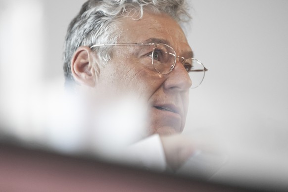 Filippo Lombardi, Praesident des HC Ambri-Piotta, spricht zur neuen Saison 2023/24 am Dienstag, 12. September 2023 in Ambri. (KEYSTONE/TI-PRESS/Pablo Gianinazzi)