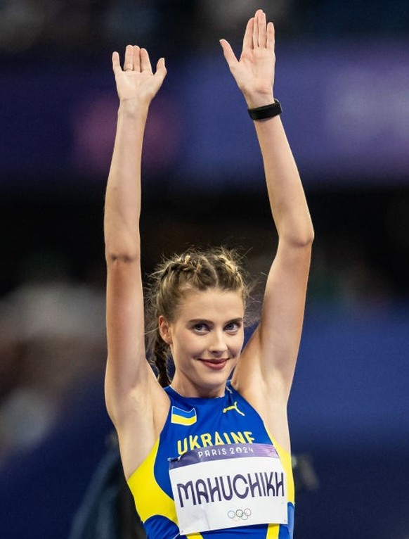 PARIS, FRANCE - AUGUST 4: Yaroslava Mahuchikh of Team Ukraine celebrate during the Women&#039;s High Jump Final on day nine of the Olympic Games Paris 2024 at Stade de France on August 4, 2024 in Pari ...